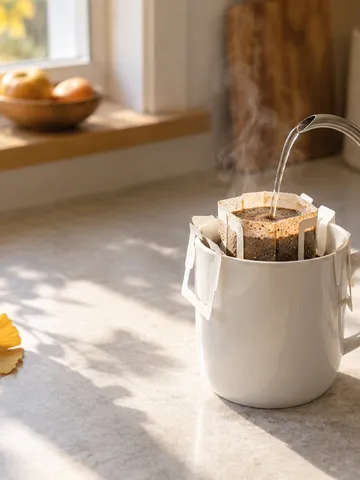 ドリップバッグでコーヒーを淹れる台所の手元