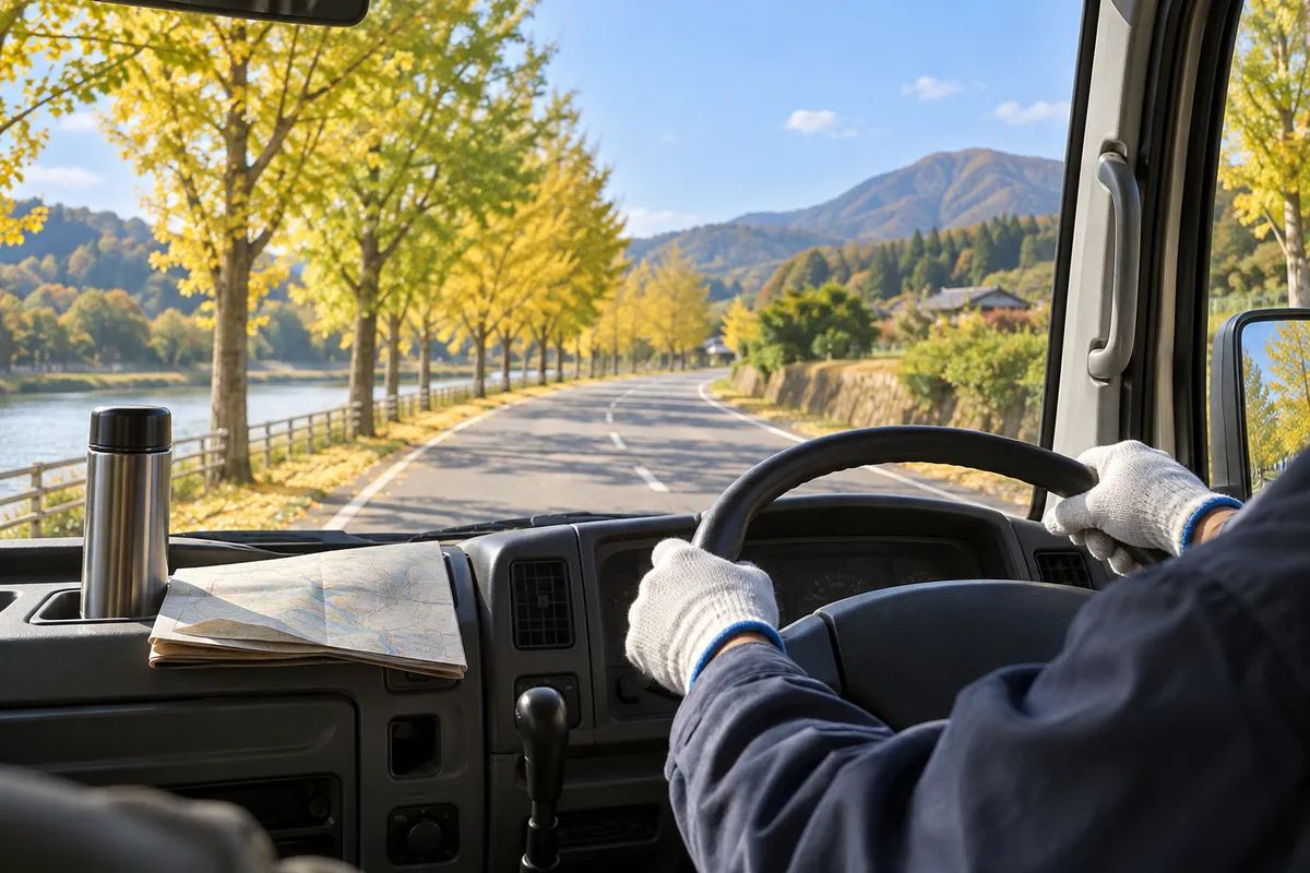 秋の並木道を走るトラックの運転席と、ハンドルを握る手元