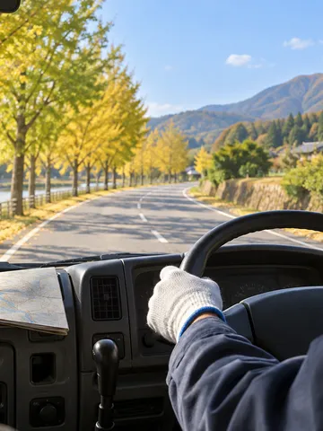 秋の並木道を走るトラックの運転席と、ハンドルを握る手元