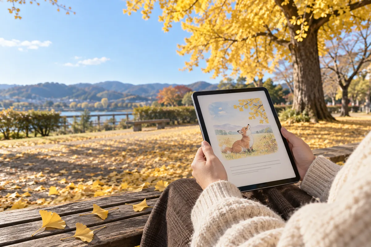 銀杏の下のベンチで絵本のページを開くタブレット