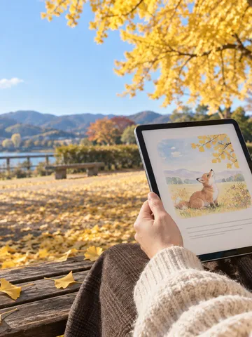 銀杏の下のベンチで絵本のページを開くタブレット