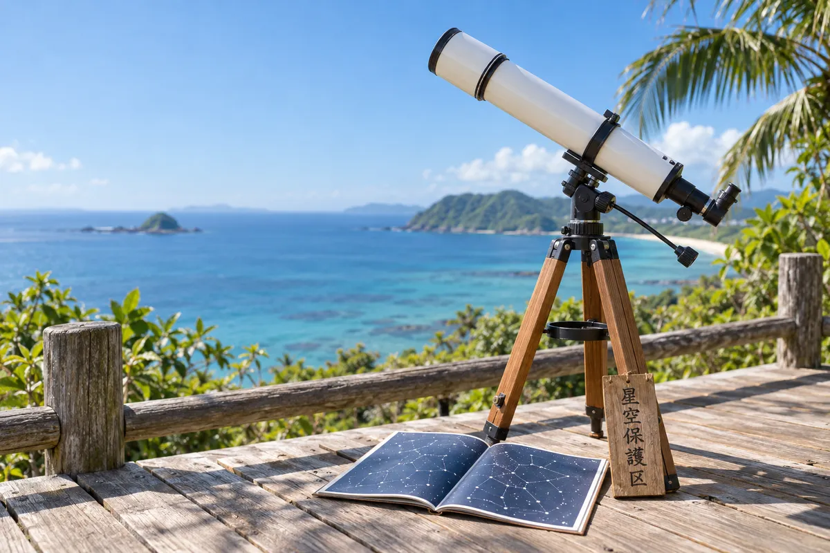 南の島の展望デッキに置かれた望遠鏡と星図と木札