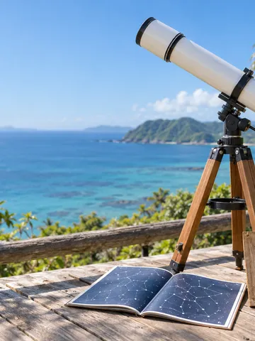 南の島の展望デッキに置かれた望遠鏡と星図と木札