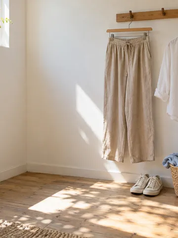 試着室のフックに掛かった、ひも付きのゆったりパンツ