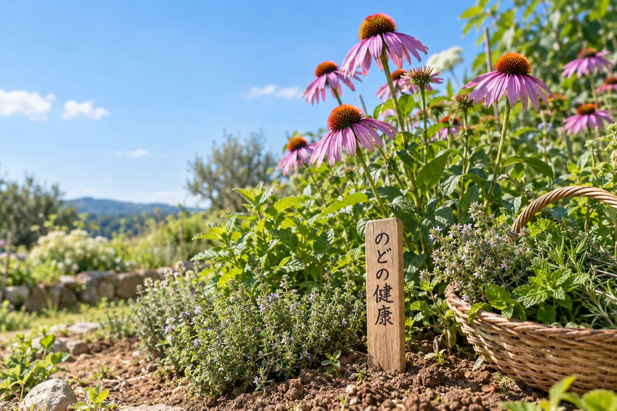 夏の庭に咲くハーブと「のどの健康」の木札