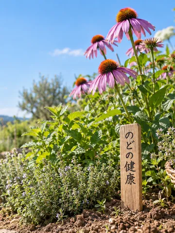 夏の庭に咲くハーブと「のどの健康」の木札