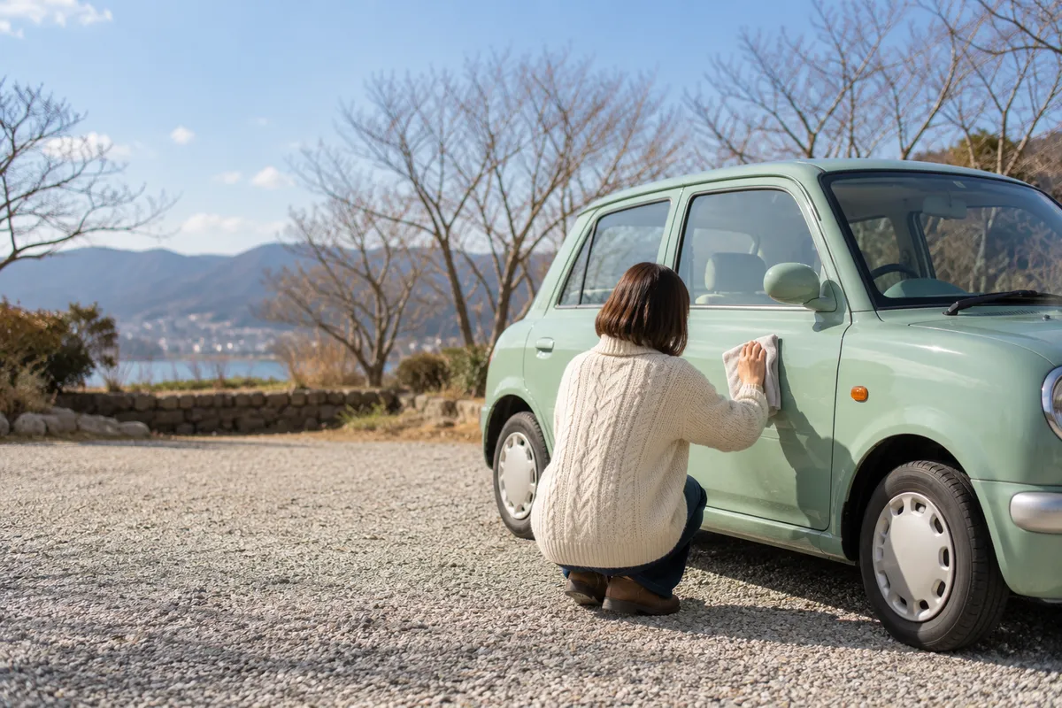 冬の晴れた日に古い小型車を磨く後ろ姿