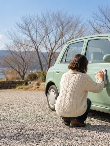 冬の晴れた日に古い小型車を磨く後ろ姿