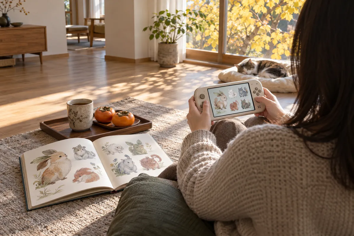 日なたの部屋で図鑑とゲーム機を手にする後ろ姿