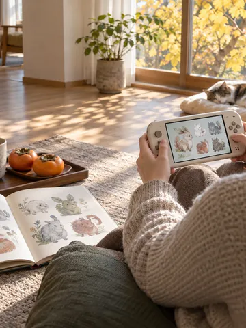 日なたの部屋で図鑑とゲーム機を手にする後ろ姿