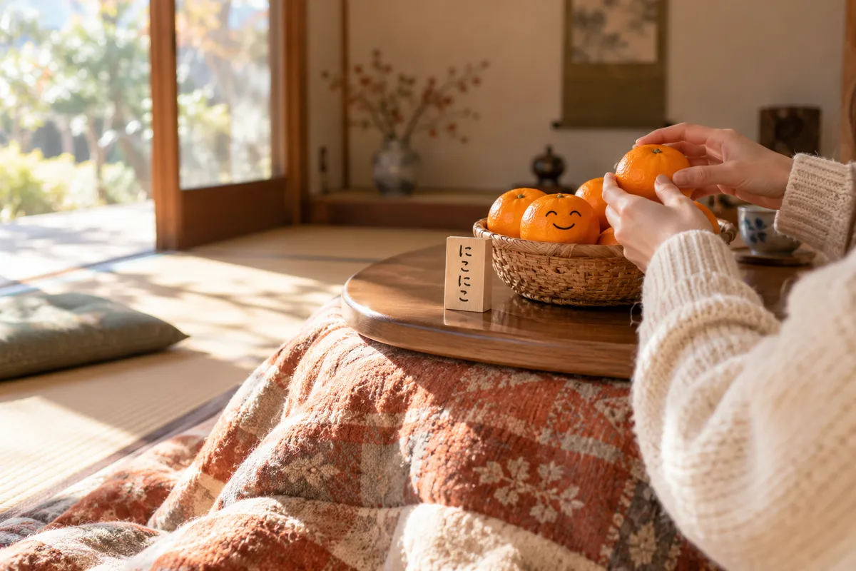 こたつの上の笑顔のみかんと「にこにこ」の木札