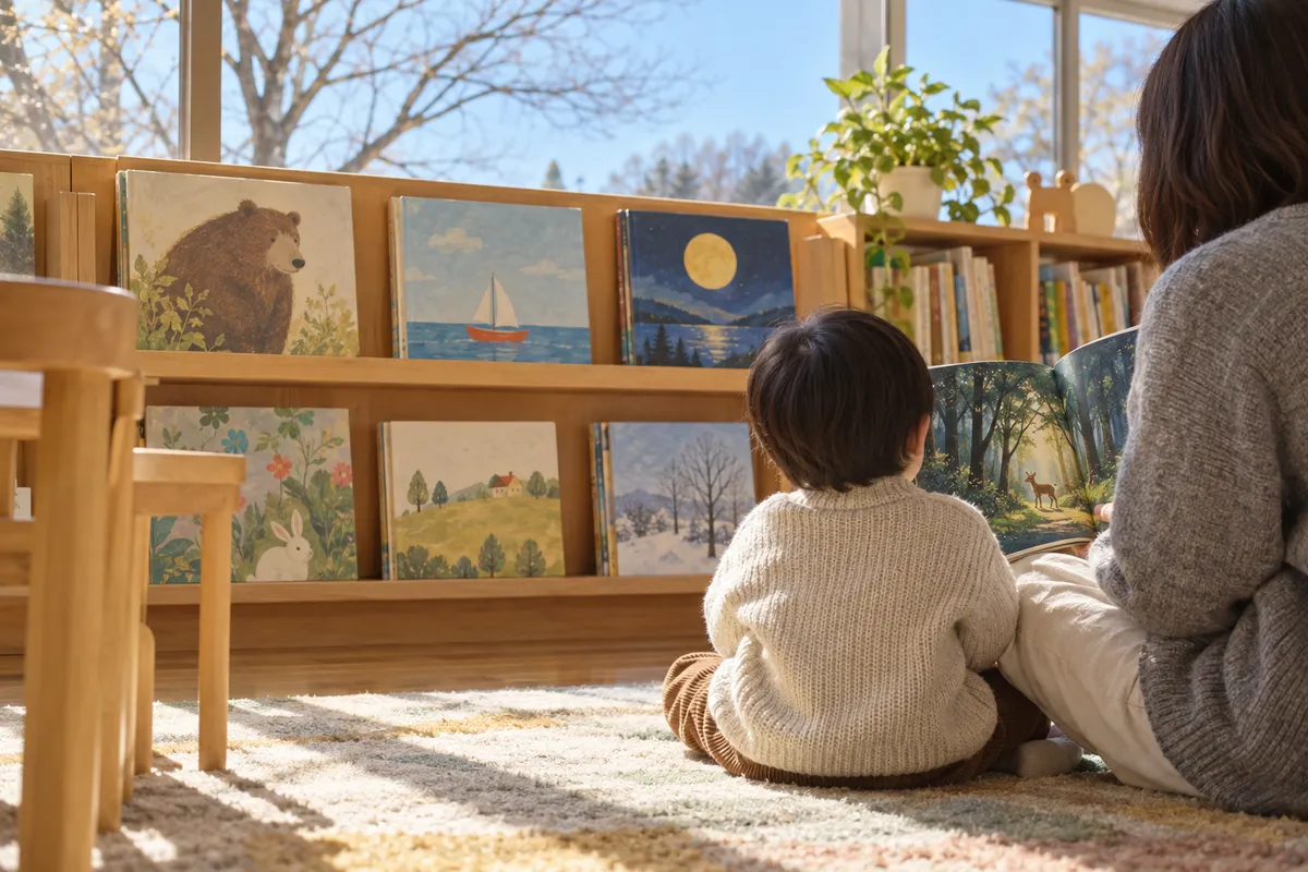 図書館の絵本棚の前で本を開く親子の後ろ姿