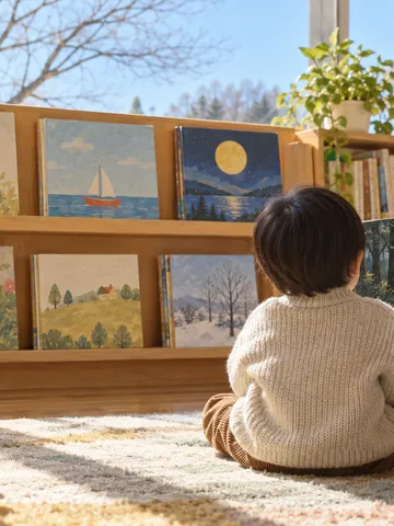 図書館の絵本棚の前で本を開く親子の後ろ姿
