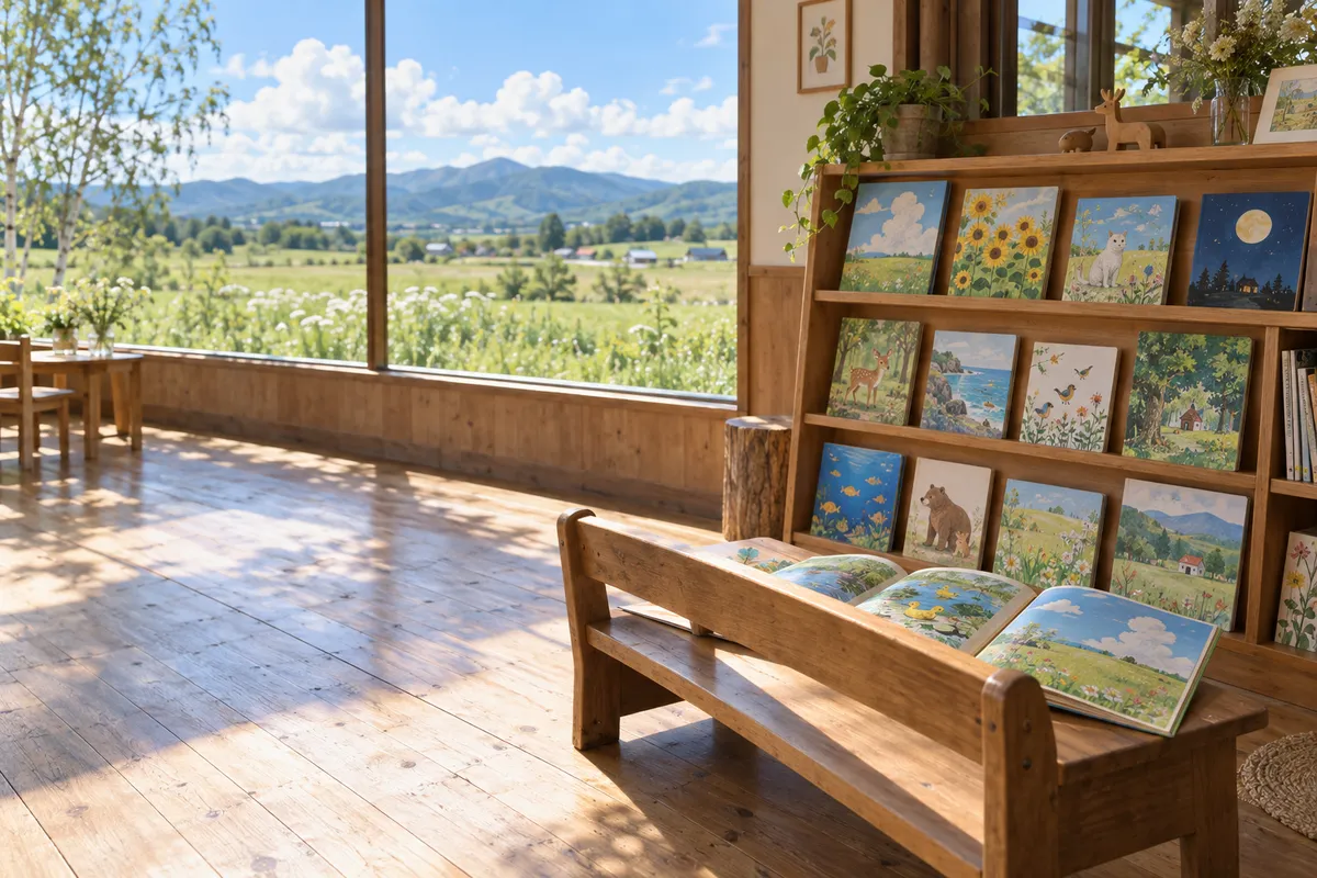 夏の日差しが差す図書室の絵本棚と開いた絵本