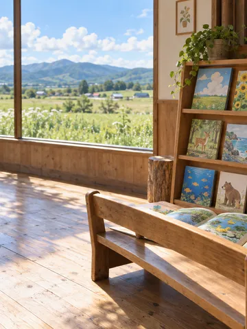 夏の日差しが差す図書室の絵本棚と開いた絵本