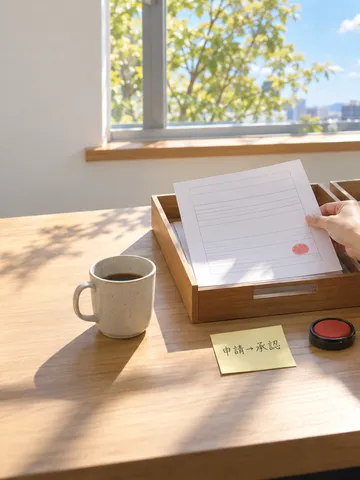 申請書を木のトレーに入れる手元と承認のメモ