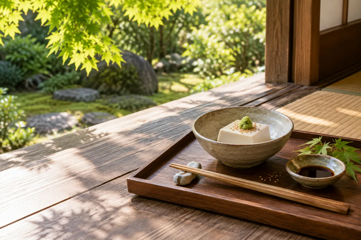 縁側の盆に載った胡麻豆腐とわさび
