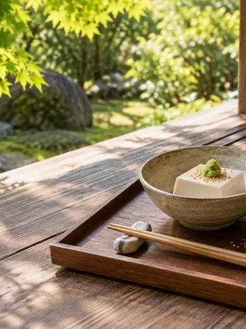 縁側の盆に載った胡麻豆腐とわさび