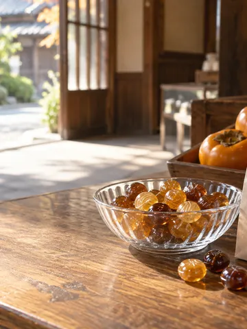 和菓子店の店先に置かれた飴と秋の柿、栗