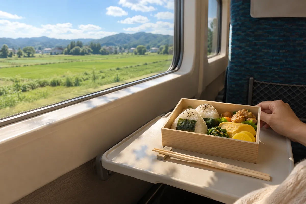 車窓の光が差す列車の座席で開かれた駅弁
