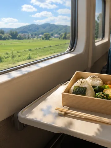 車窓の光が差す列車の座席で開かれた駅弁