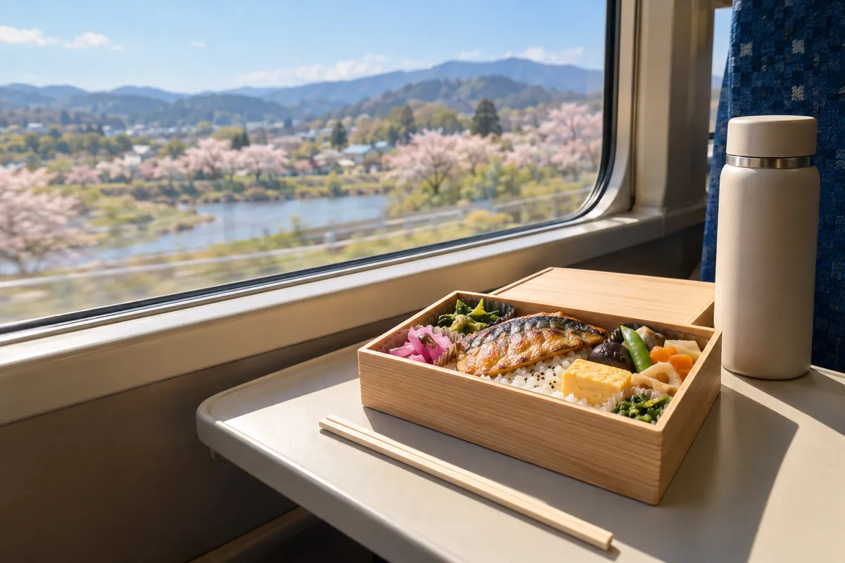 列車の座席の机に広げた駅弁と窓の外の桜