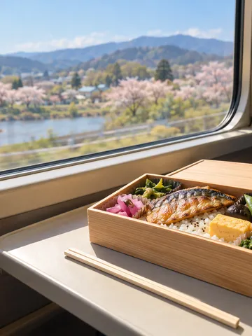 列車の座席の机に広げた駅弁と窓の外の桜