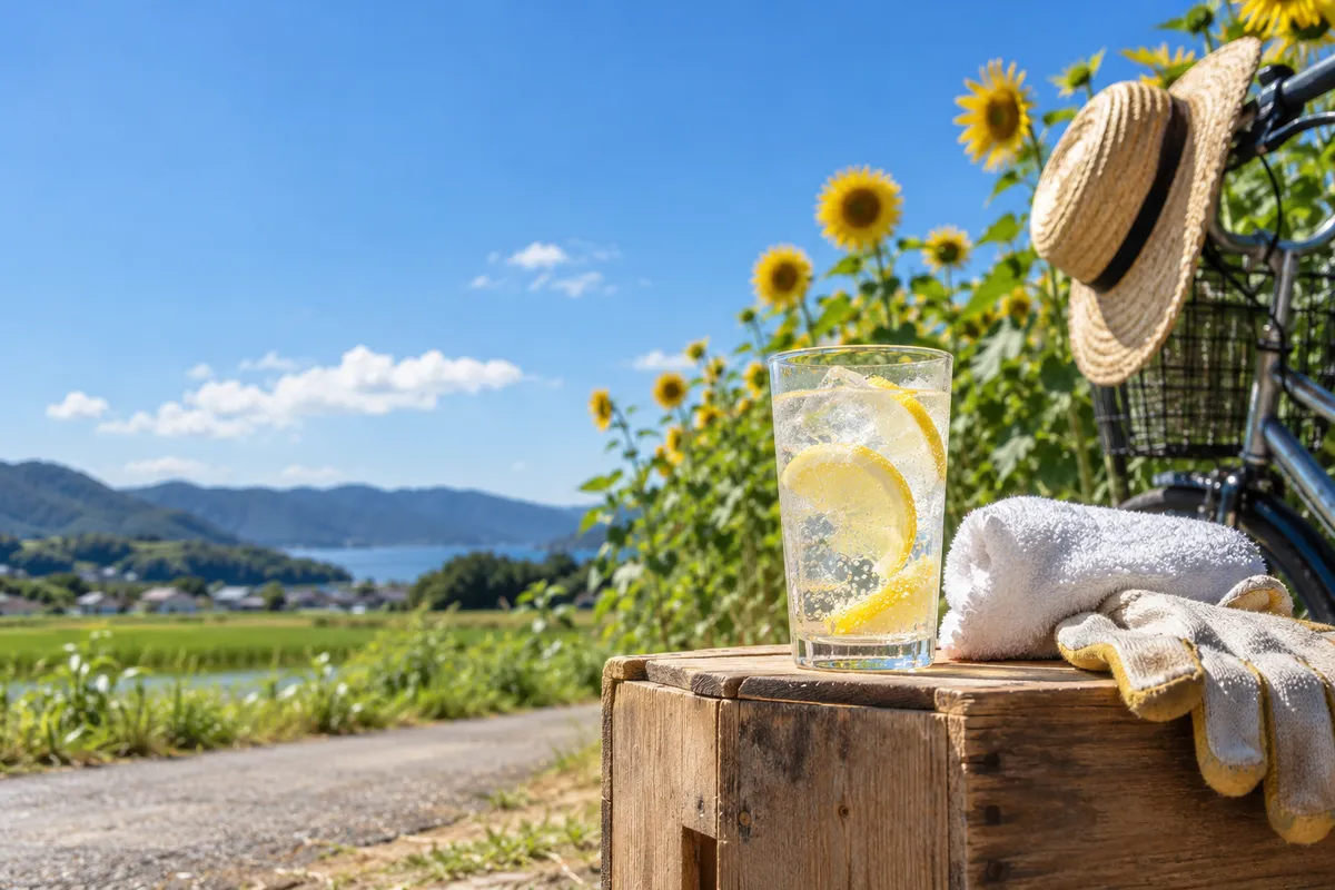 日なたの木箱に置かれた氷とレモン入りの炭酸飲料