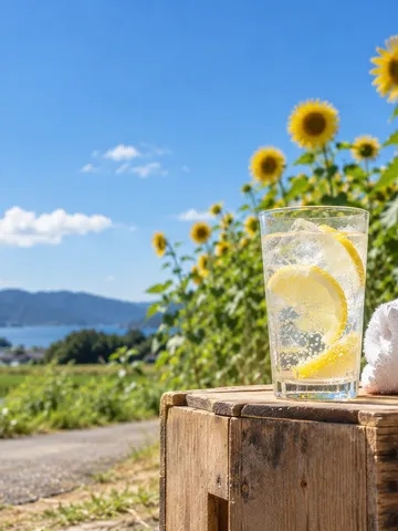 日なたの木箱に置かれた氷とレモン入りの炭酸飲料