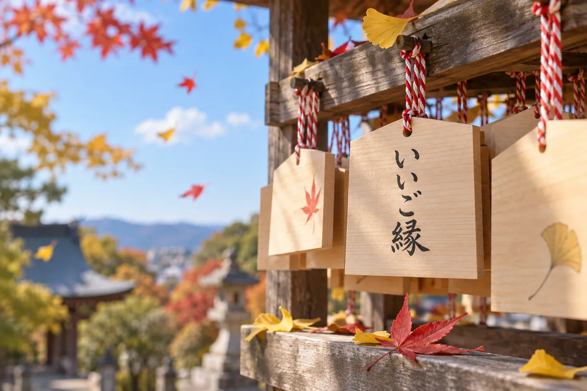 紅葉の下に下がる「いいご縁」の絵馬