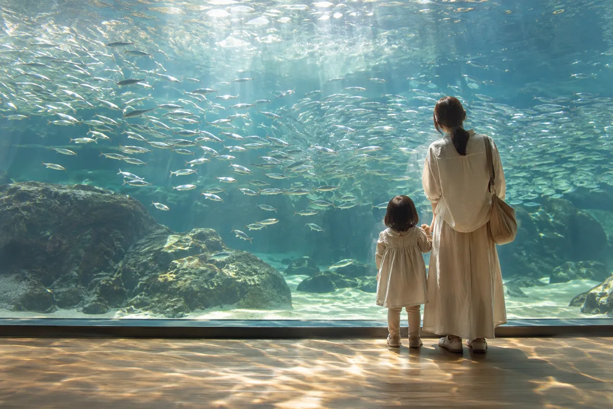 大きな水槽の魚の群れを眺める親子の後ろ姿