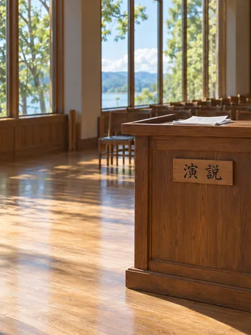 明るい広間にある演説台と「演説」の木札