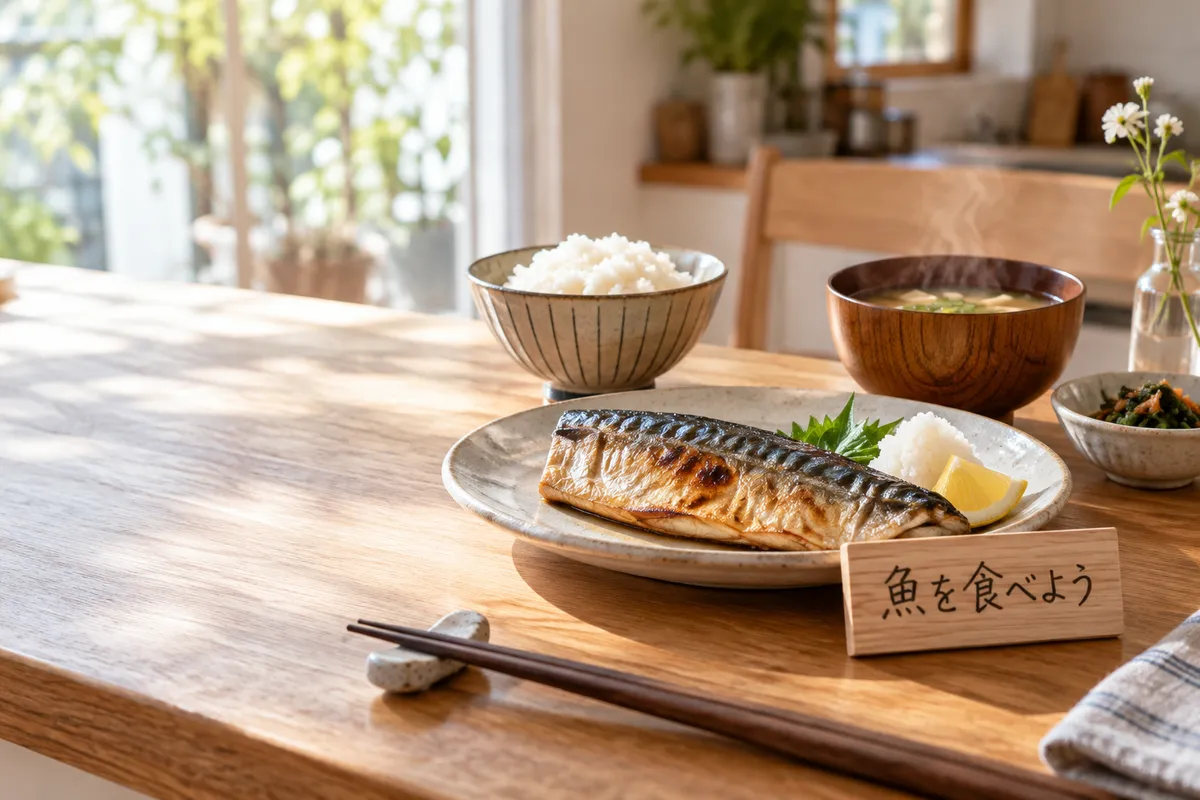焼き魚の定食と「魚を食べよう」の木札