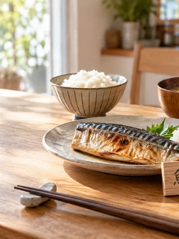 焼き魚の定食と「魚を食べよう」の木札
