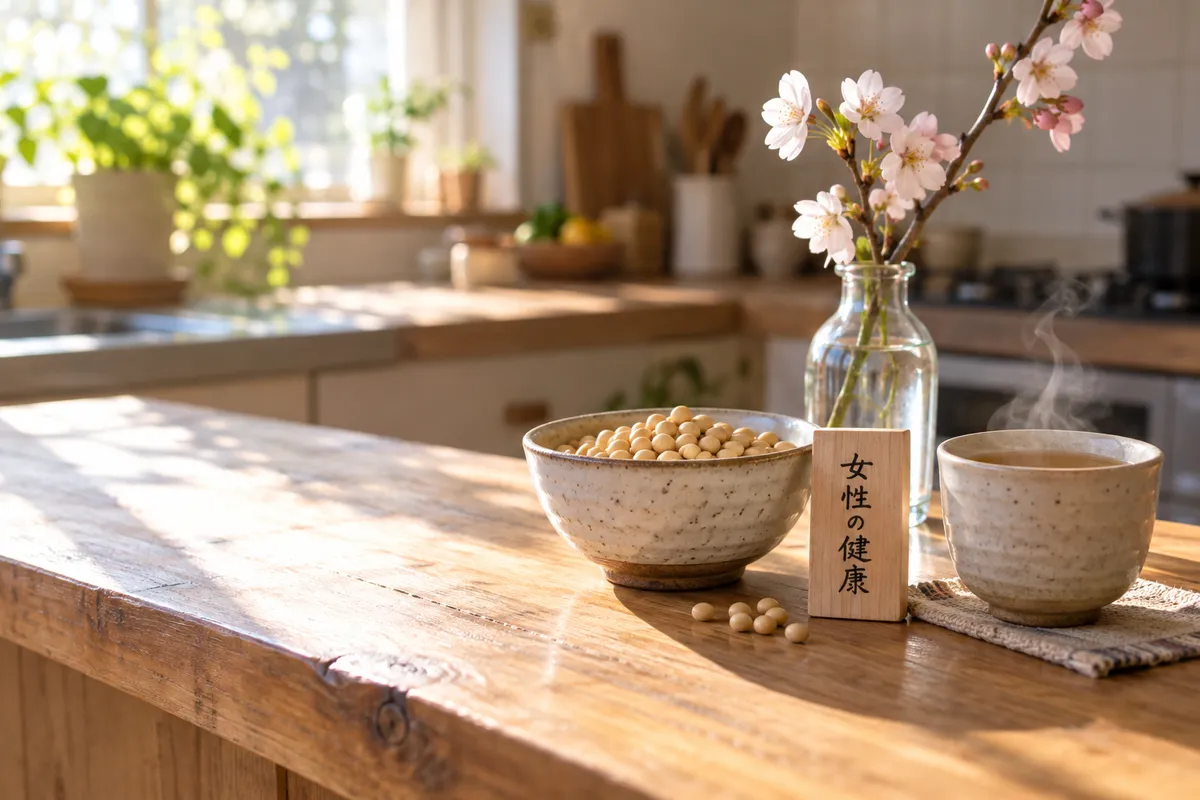 大豆と「女性の健康」の木札、桜の枝がある台所