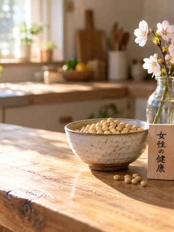 大豆と「女性の健康」の木札、桜の枝がある台所