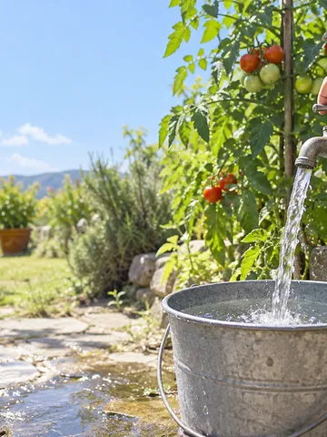 夏の庭の蛇口から水がバケツに流れる様子