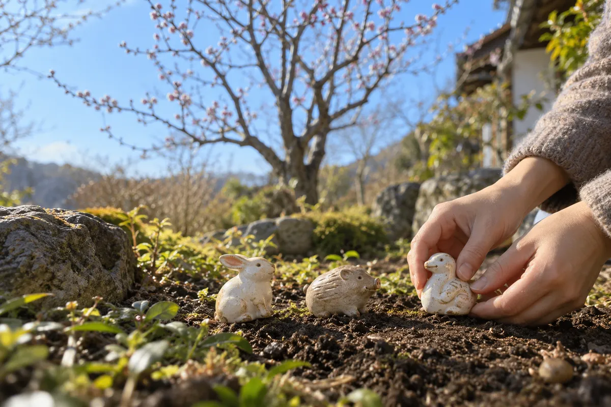 日なたの土に干支の陶器の置物を置く手元