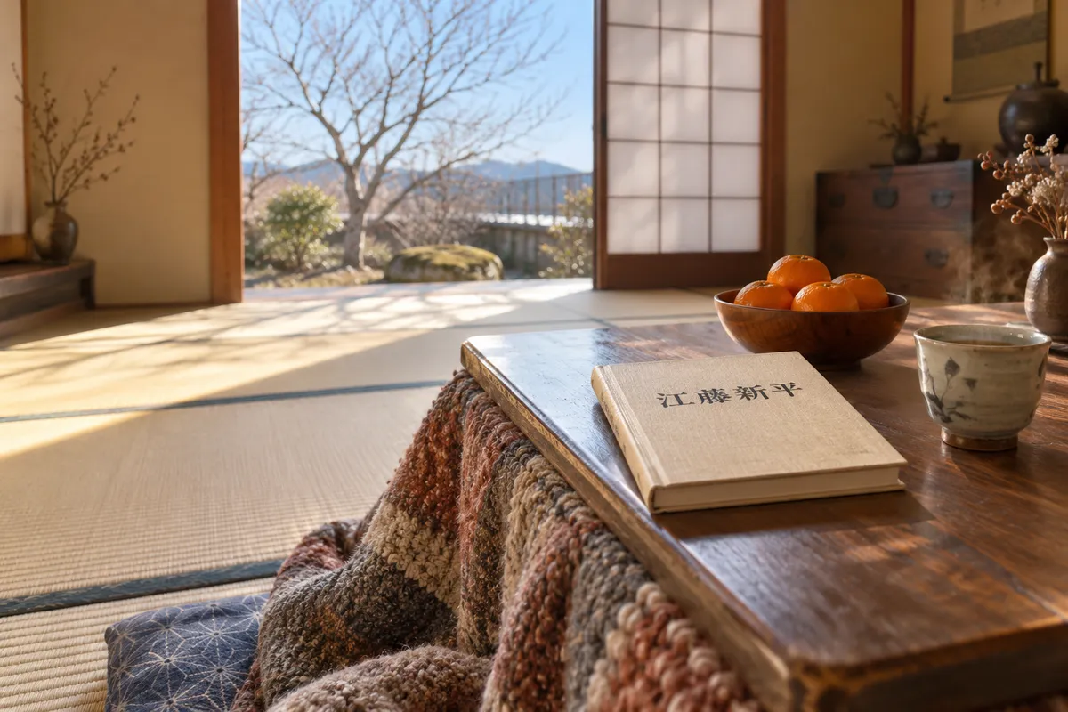 こたつの上の「江藤新平」の本とみかん
