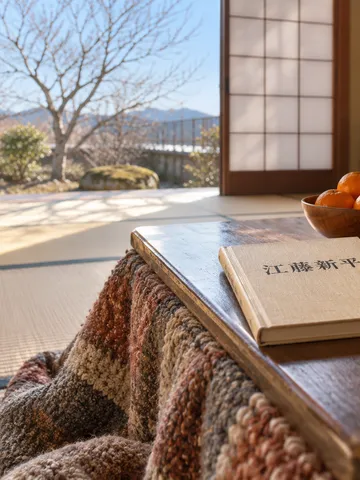 こたつの上の「江藤新平」の本とみかん