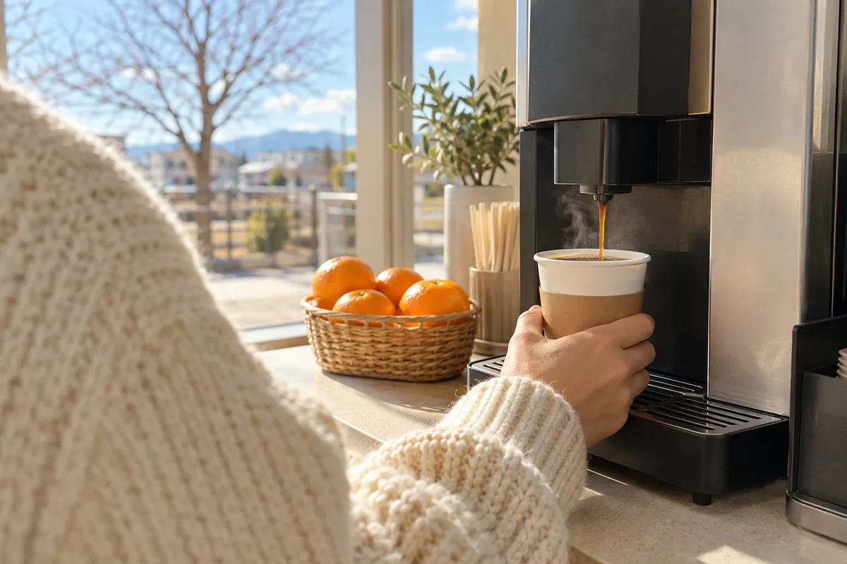 店内のマシンでカップにコーヒーを注ぐ手元