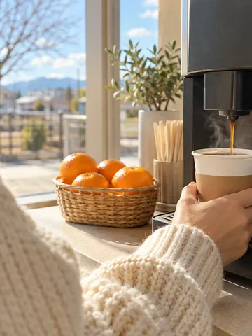 店内のマシンでカップにコーヒーを注ぐ手元