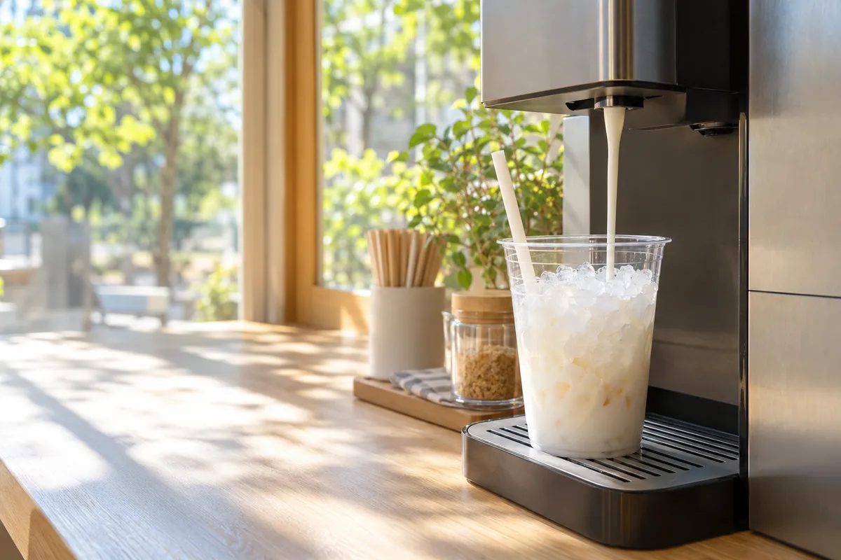 コーヒーマシンからミルクを注ぐフローズンドリンクのカップ