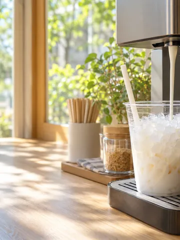 コーヒーマシンからミルクを注ぐフローズンドリンクのカップ