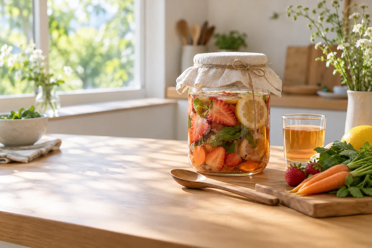 台所で野菜や果物を発酵させる瓶と一杯の飲み物
