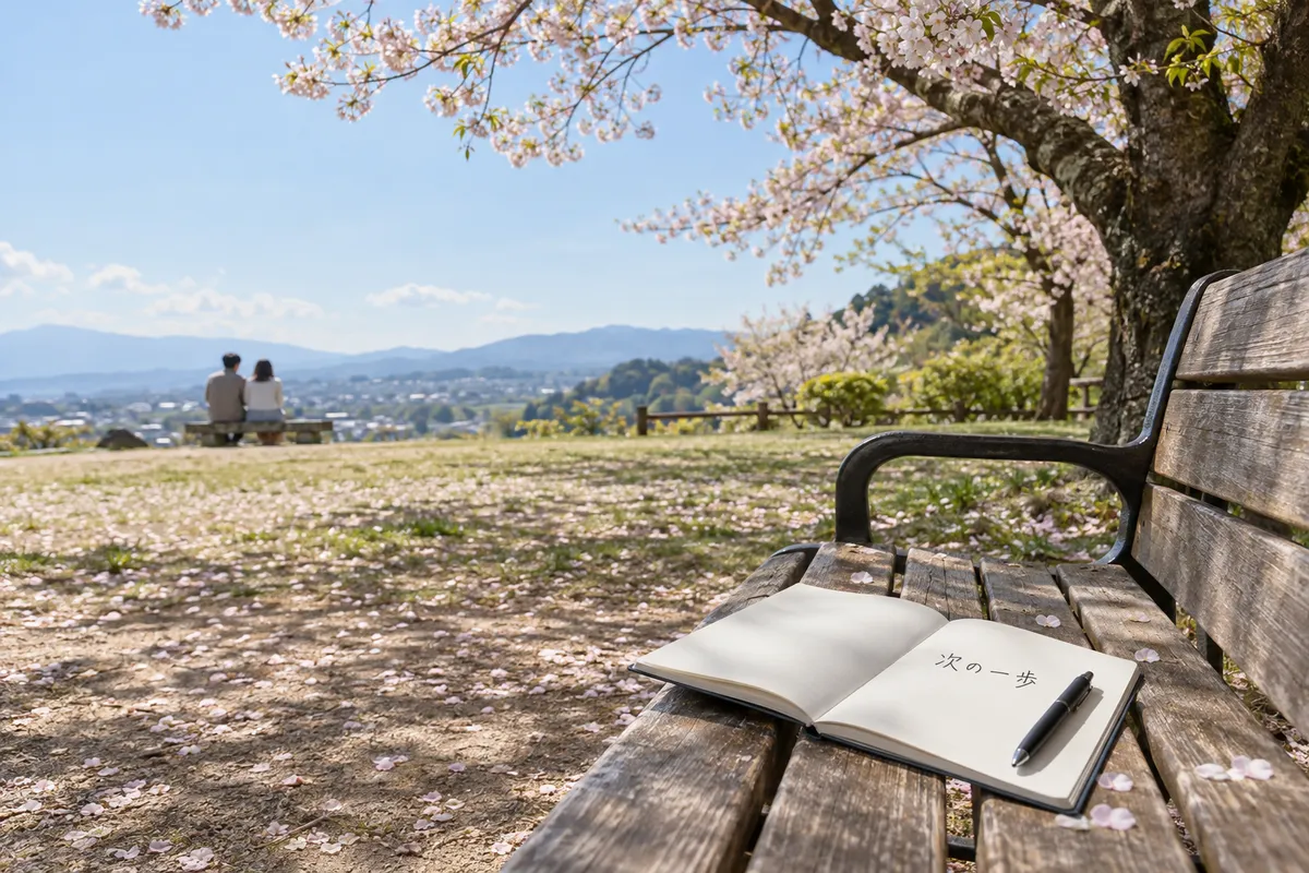 桜の下のベンチに置かれた「次の一歩」と書かれたノート