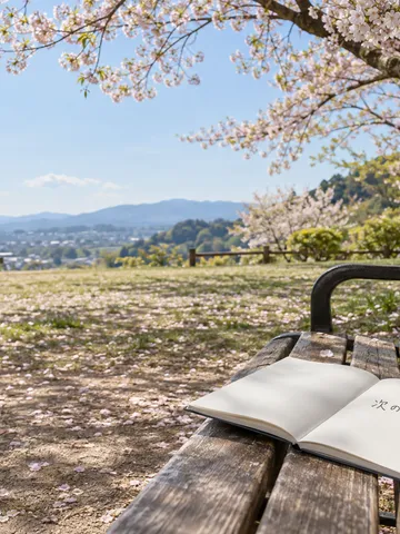 桜の下のベンチに置かれた「次の一歩」と書かれたノート