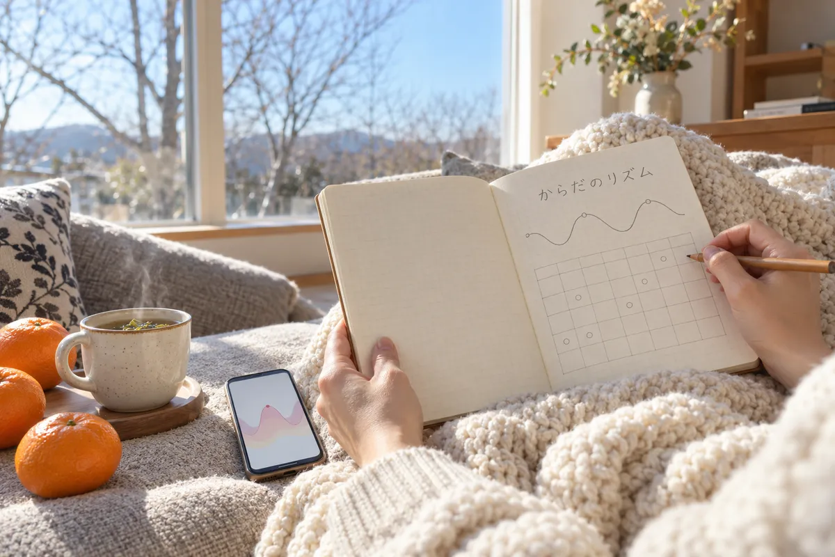 ソファで体のリズムを記録した手帳とスマホを見る手元