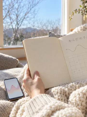 ソファで体のリズムを記録した手帳とスマホを見る手元