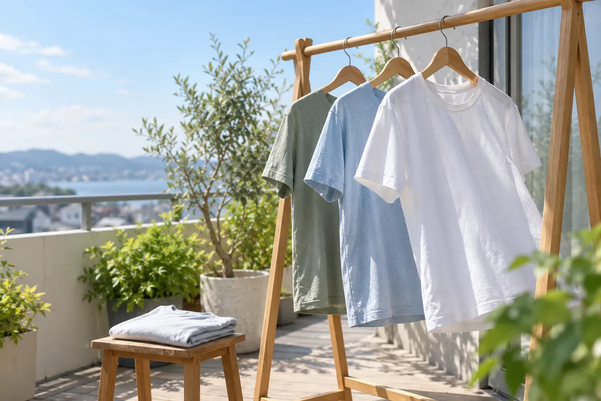晴れたベランダに干された無地のTシャツ